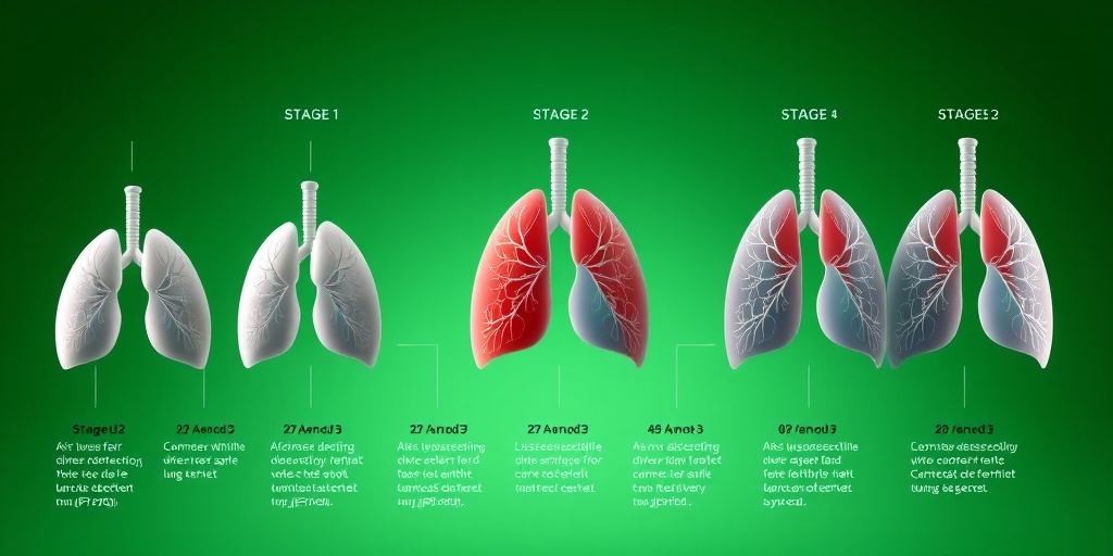 A 3D render illustrating lung cancer stages, labeled clearly against a gradient green background symbolizing growth and awareness.3.png