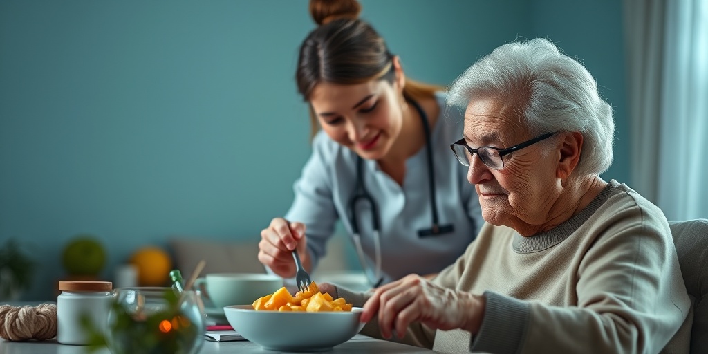 A caregiver supports an elderly person in daily activities, emphasizing love and patience in Alzheimer's care with a warm atmosphere.  5.png