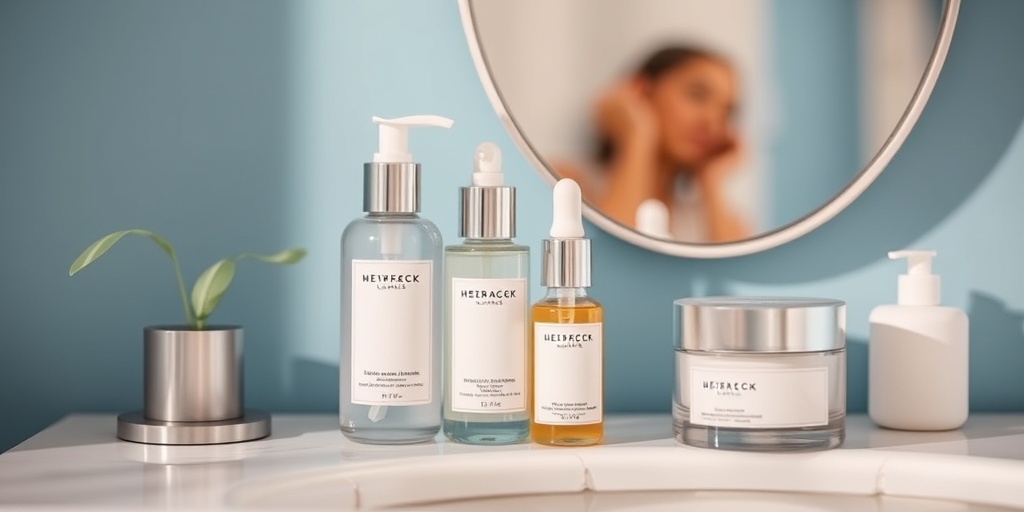 A close-up of a beautifully organized vanity displaying essential skin care products against a calming blue background.2.png