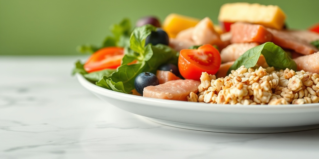 A close-up of a beautifully plated healthy meal, showcasing colorful salads and lean proteins against a minimalist backdrop.3.png