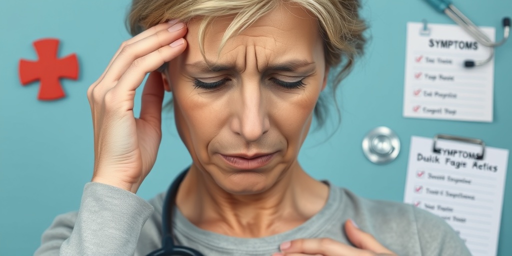 A close-up of a concerned woman in her 50s, holding her head, with medical symbols subtly integrated.  2.png