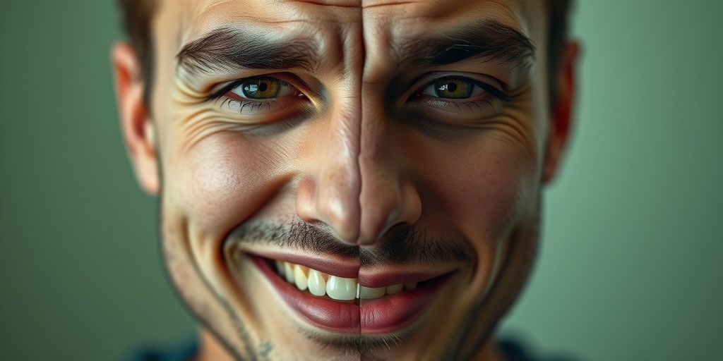 A close-up of a face showing contrasting emotions, half smiling brightly and half reflecting sadness. 2.png