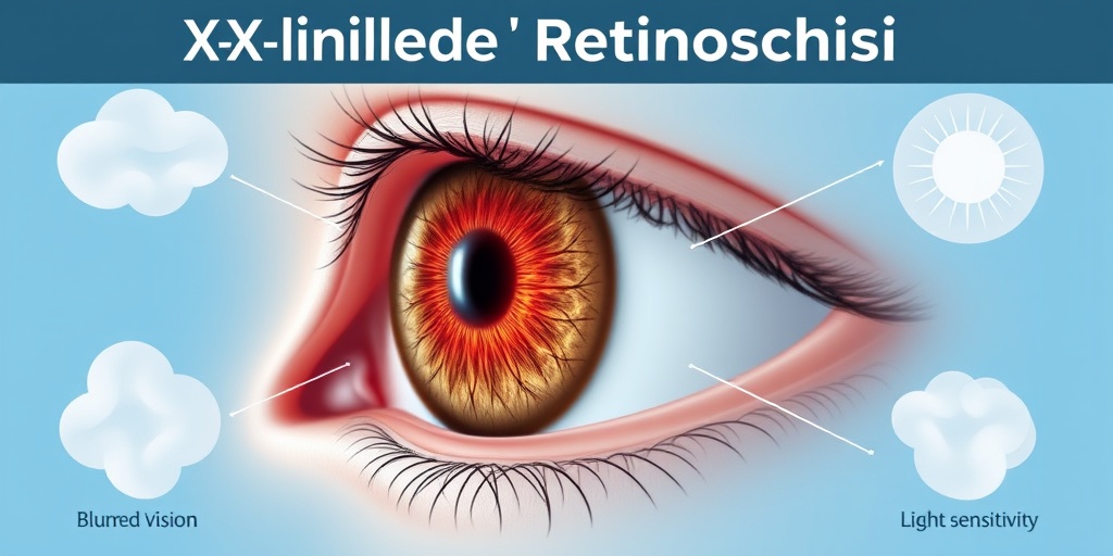 A close-up of an eye reveals retinal changes, set against a blue background, illustrating symptoms of X-linked Retinoschisis.  2.png