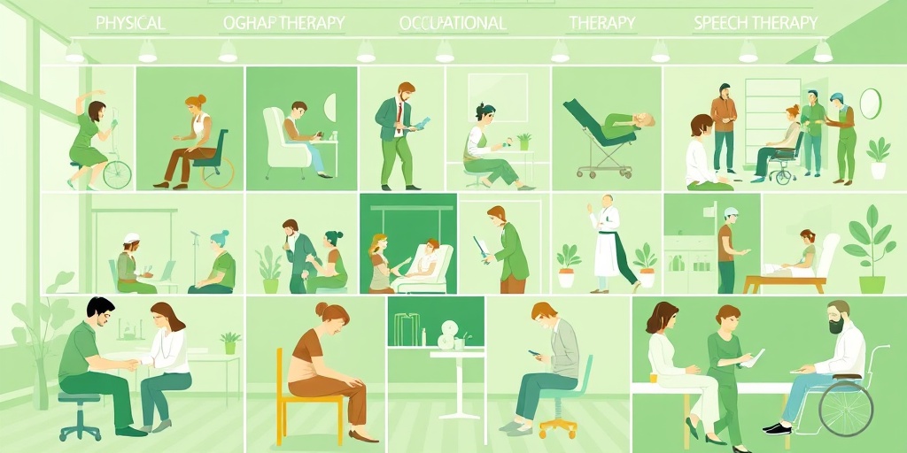 A collage of rehabilitation therapies for MS, featuring physical, occupational, and speech therapy in a modern facility.  3.png