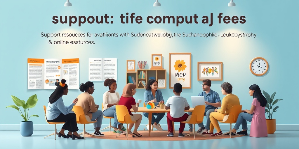 A community center scene highlights support resources for Sudanophilic Leukodystrophy, fostering connection among diverse individuals. 5.png