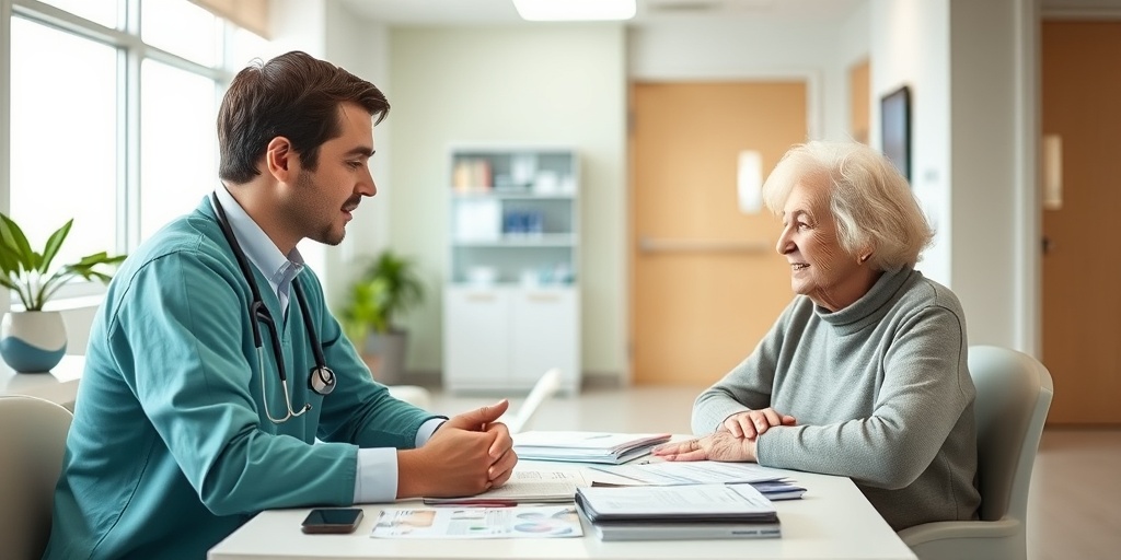 A compassionate healthcare worker engages with a patient in a bright clinic, providing resources and hope amidst the cancer journey. 5.png
