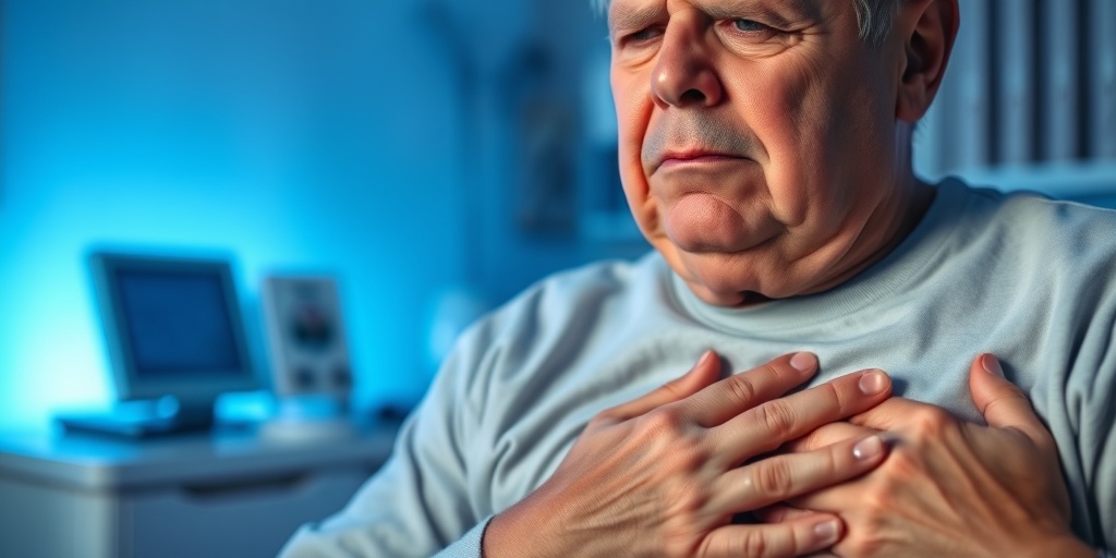 A concerned middle-aged patient holds their chest in a doctor's office, highlighting CAD symptoms like chest pain.2.png