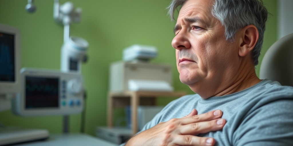 A concerned middle-aged patient holds their chest in a doctor's office, highlighting symptoms of arrhythmia.  2.png