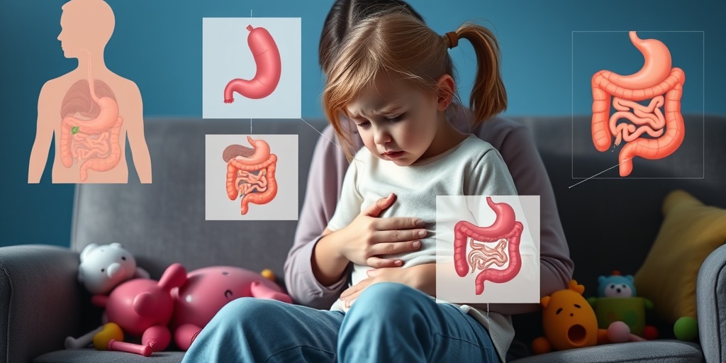 A concerned parent comforts their distressed daughter experiencing abdominal pain, surrounded by toys in a cozy living room.  2.png