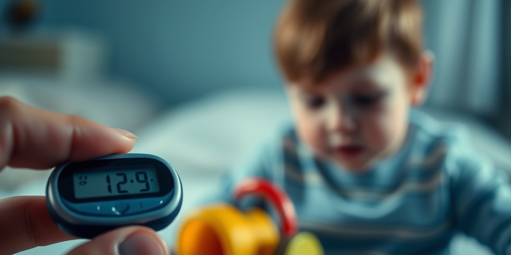 A concerned parent watches a glucometer display a low blood sugar reading, while a child plays in the background.  2.png