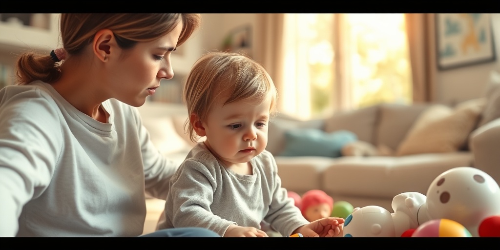 A concerned parent watches over a child showing developmental delays in a cozy, warmly lit living room.  2.png