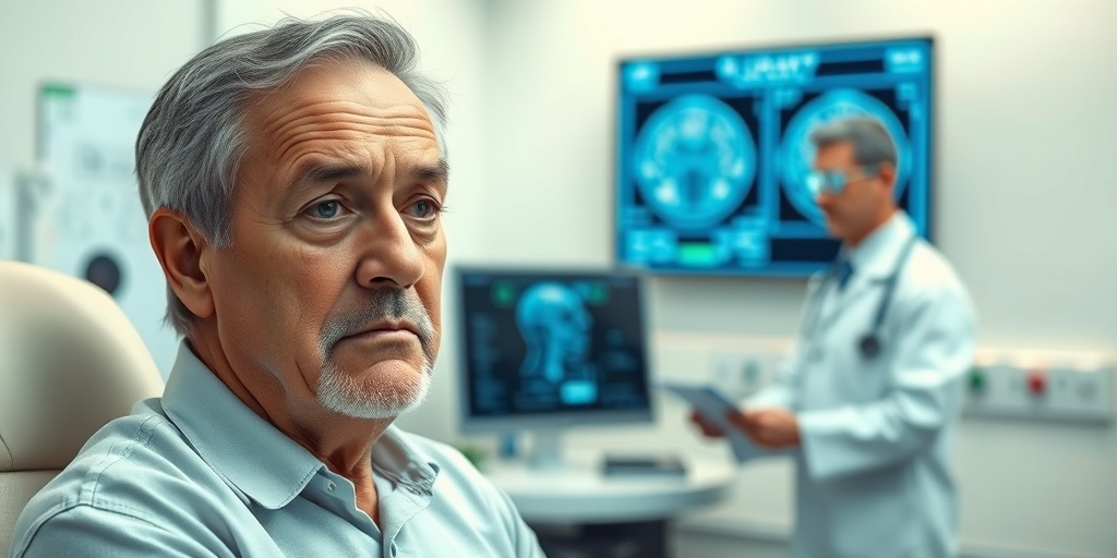 A concerned patient in a clinical setting, with a doctor reviewing a brain scan, highlighting AVM symptoms.  2.png