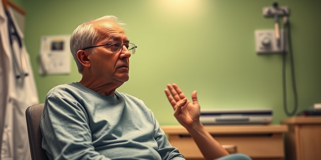 A concerned patient in a doctor's office, showcasing lung cancer symptoms with a calming green backdrop and warm lighting.2.png