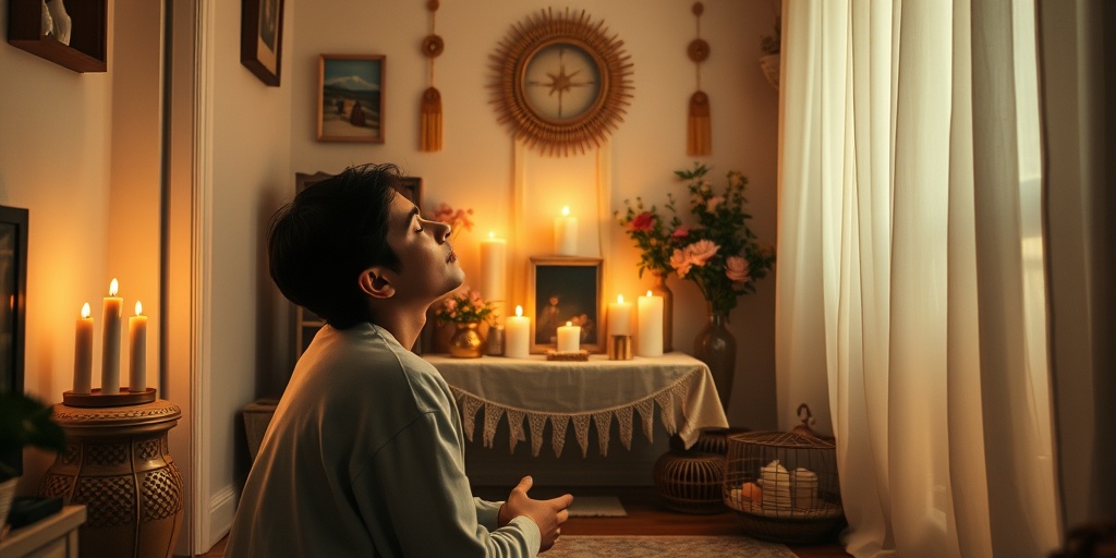 A cozy home altar scene with candles and flowers, capturing personal devotion and spirituality in prayer.  5.png