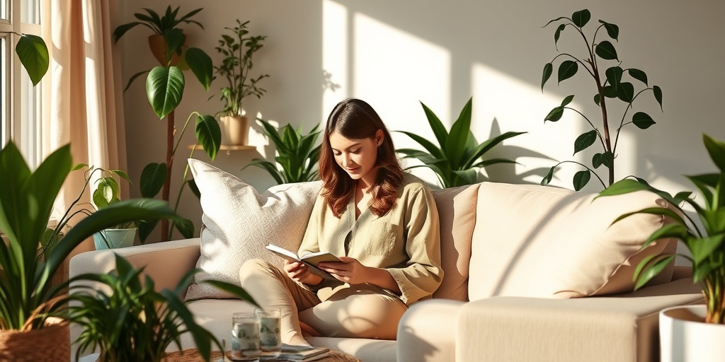 A cozy living room scene where a woman practices self-care through journaling and meditation, fostering emotional healing.  5.png