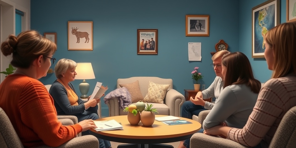 A cozy support group meeting for Ewing's Tumors, featuring participants sharing experiences in a warm, inviting blue-lit room.5.png