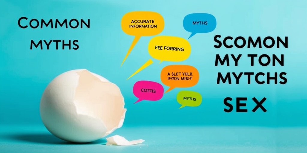 A cracked egg symbolizes common myths about sex, surrounded by colorful thought bubbles in a striking blue background.  3.png