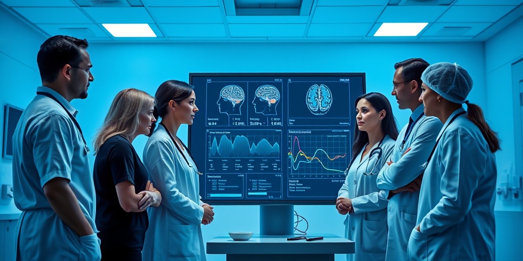 A dedicated medical team analyzing brain activity in a modern facility, showcasing collaboration in diagnosing Jumping Frenchmen of Maine.  3.png