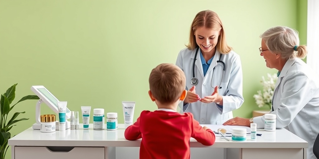 A dermatologist explains treatment options to a young patient, surrounded by skin care products in a calming green office.  4.png