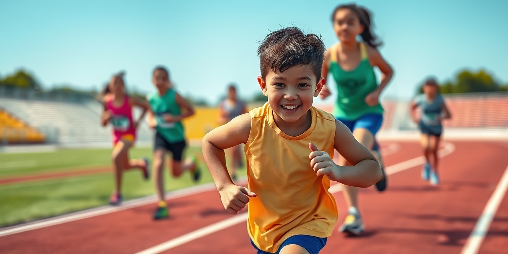 A determined young athlete with Juvenile Rheumatoid Arthritis runs on a track, supported by teammates against a vibrant green field.5.png