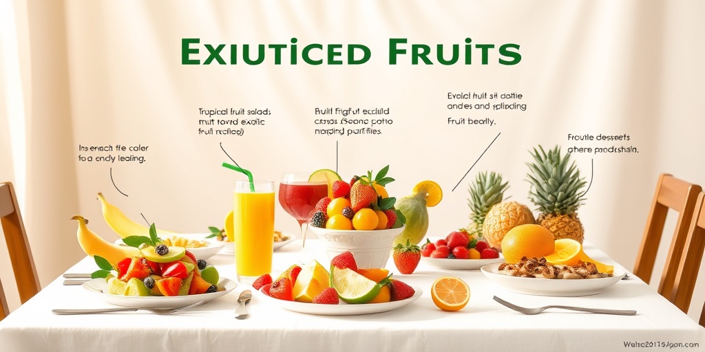 A dining table filled with tropical fruit salad and smoothies, radiating warmth and freshness in a creamy white and green setting.3.png