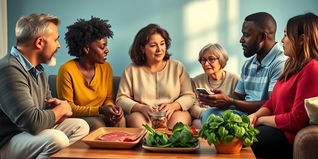 A diverse group discusses Iron Overload risk factors in a cozy living room, with iron-rich foods on the table. 3.png