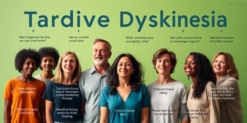 A diverse group discusses Tardive Dyskinesia in a supportive setting, with a soft green background symbolizing hope and community. 3.png