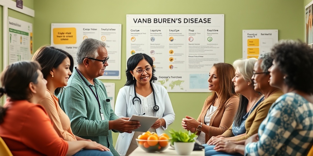 A diverse group discusses lifestyle choices in a community health setting, surrounded by charts and healthy food options.  3.png