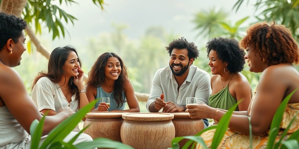 A diverse group enjoying a joyful kava ceremony outdoors, showcasing relaxation and connection amidst harmonious greens and whites.  2.png