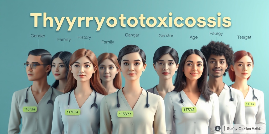 A diverse group in a clinical setting, visually marked for thyrotoxicosis risk factors, set against a harmonious color palette.  3.png
