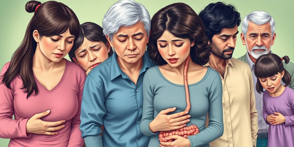 A diverse group of individuals expressing discomfort from digestive disorders, set against a calming blue and green background.2.png