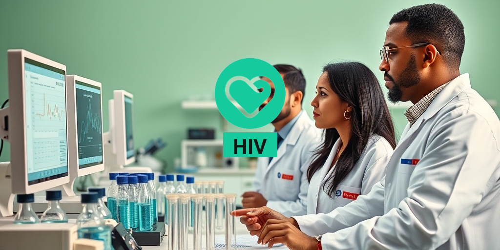 A diverse group of scientists collaborates in a lab, focused on HIV research, surrounded by advanced equipment and test tubes. • Yesil Health AI