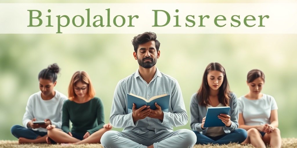 A diverse group practicing coping strategies for Bipolar Disorder, including meditation and journaling, radiating calmness and focus. 5.png