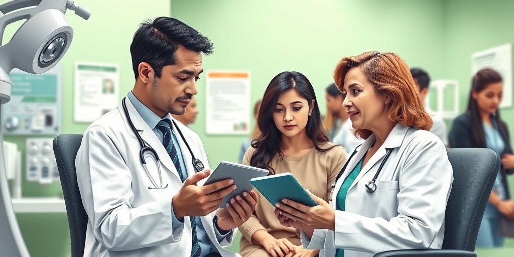 A doctor explains diagnostic procedures to a Hispanic woman, fostering trust in a modern clinic setting.4.png