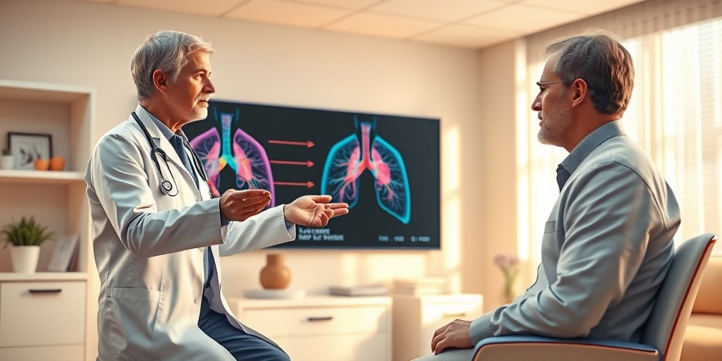 A doctor explains secondary pulmonary hypertension to a patient, gesturing towards a digital lung and heart diagram in a calming room.  2.png
