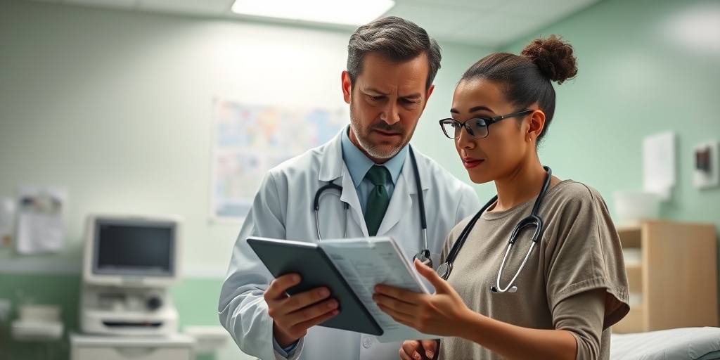 A doctor thoughtfully examines a patient's medical history on a tablet in a warm, green-accented clinical environment.  3.png