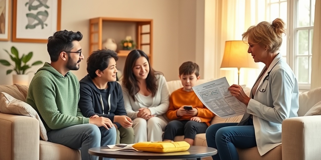 A family discusses genetic testing in a cozy living room, highlighting support and understanding for MPS Disorder II.  3.png