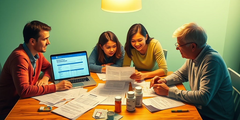 A family discusses health insurance documents at a table, surrounded by paperwork and prescription bottles, in a warm atmosphere. 3.png