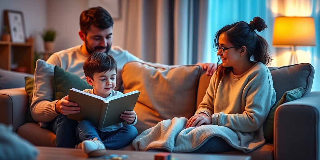 A family enjoys a cozy living room activity, with a relaxed child and a heating pad, emphasizing supportive health management.  4.png