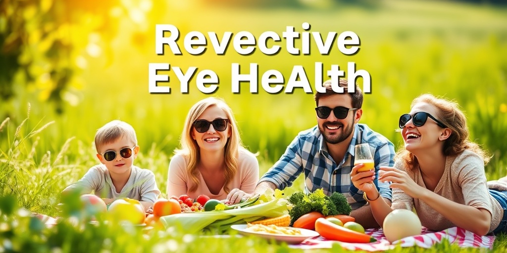 A family enjoys outdoor activities, wearing sunglasses and surrounded by healthy foods, promoting proactive measures for eye health. 5.png