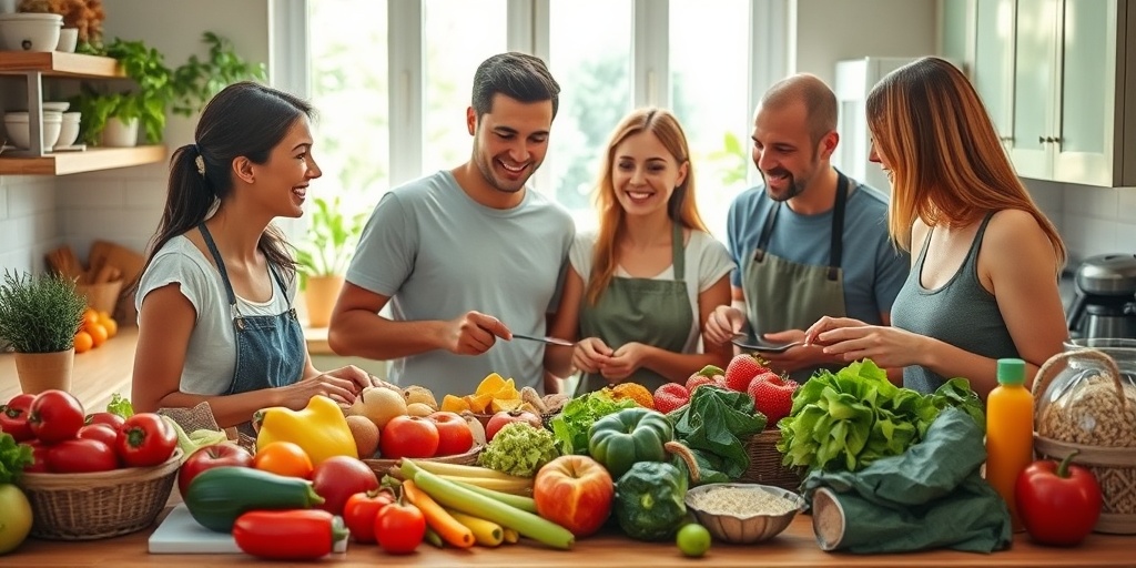 A family joyfully prepares a healthy meal in a bright kitchen filled with fresh produce, promoting nutritious eating habits.  2.png