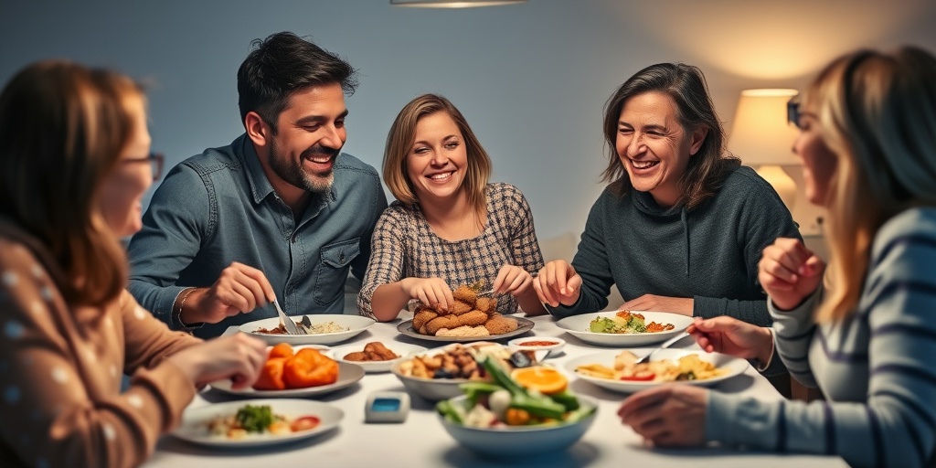 A family shares a healthy dinner, filled with laughter and support, with a glucose meter in the background.  5.png