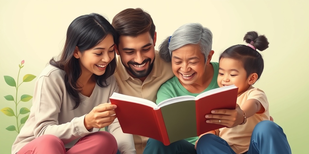 A family shares a joyful moment while reading together, embodying love and resilience amidst Galactocerebrosidase Deficiency.  4.png