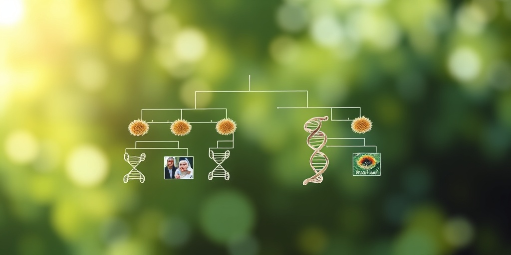 A family tree diagram intertwined with DNA strands, illustrating genetic risk factors of HGPS in a serene green setting.  3.png