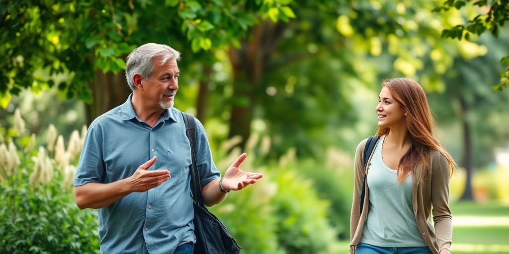 A father and daughter walk through lush greenery, discussing boundaries and expectations in their relationship.  4.png
