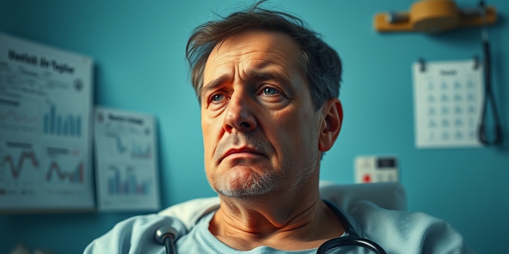 A fatigued patient shows swollen lymph nodes in a clinical setting, conveying concern and seriousness.  2.png