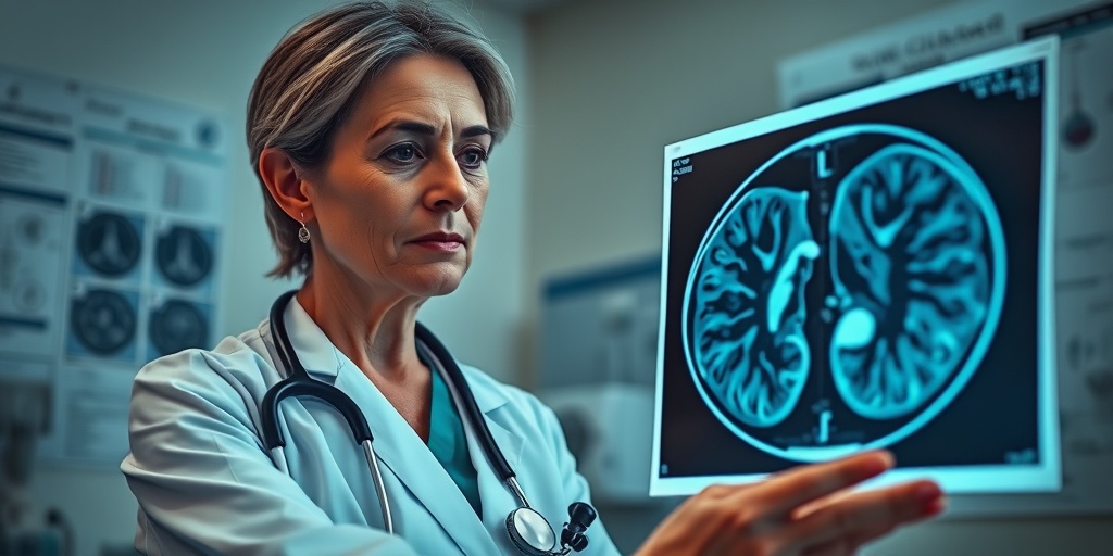 A focused doctor examines a CT scan, surrounded by medical equipment, highlighting the seriousness of Stage 4 Lung Cancer. 3.png