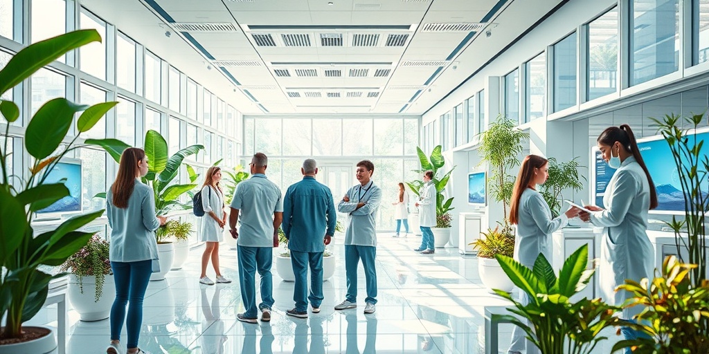 A futuristic healthcare facility highlights holistic care, with patients and providers interacting in a vibrant, green space.  4.png