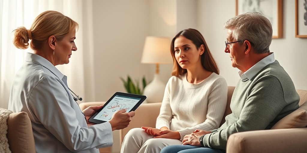 A genetic counselor explains Ornithine Transcarbamylase Deficiency to a concerned couple in a cozy, supportive office setting. 3.png