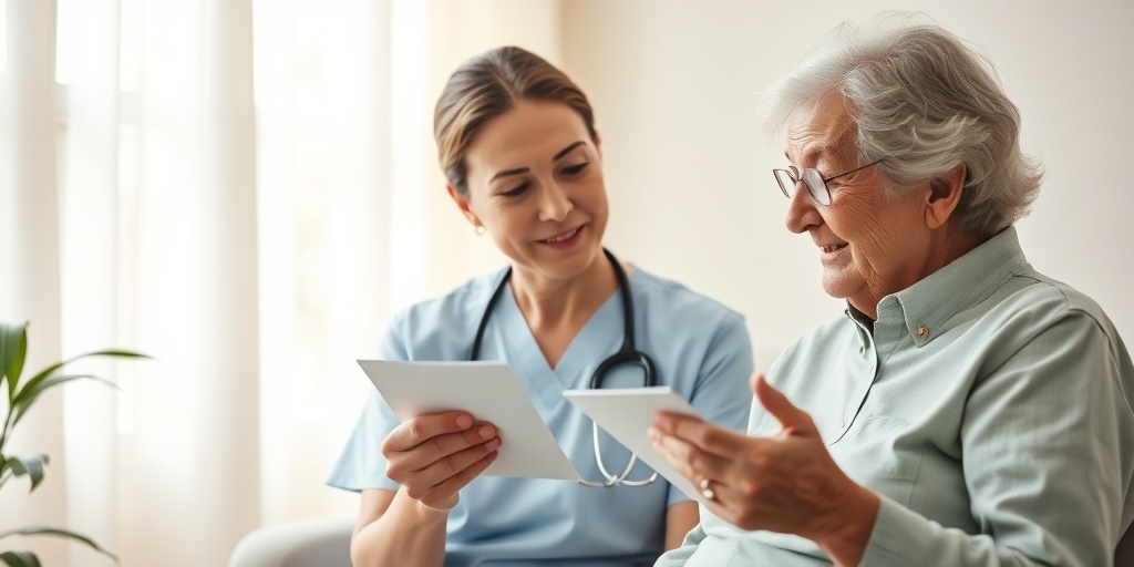 A healthcare professional compassionately explains Alzheimer's diagnosis to an elderly patient, fostering understanding in a comforting environment.  4.png